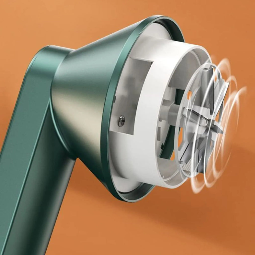 Green and white USB rechargeable electric lint remover with removable lint collector container.