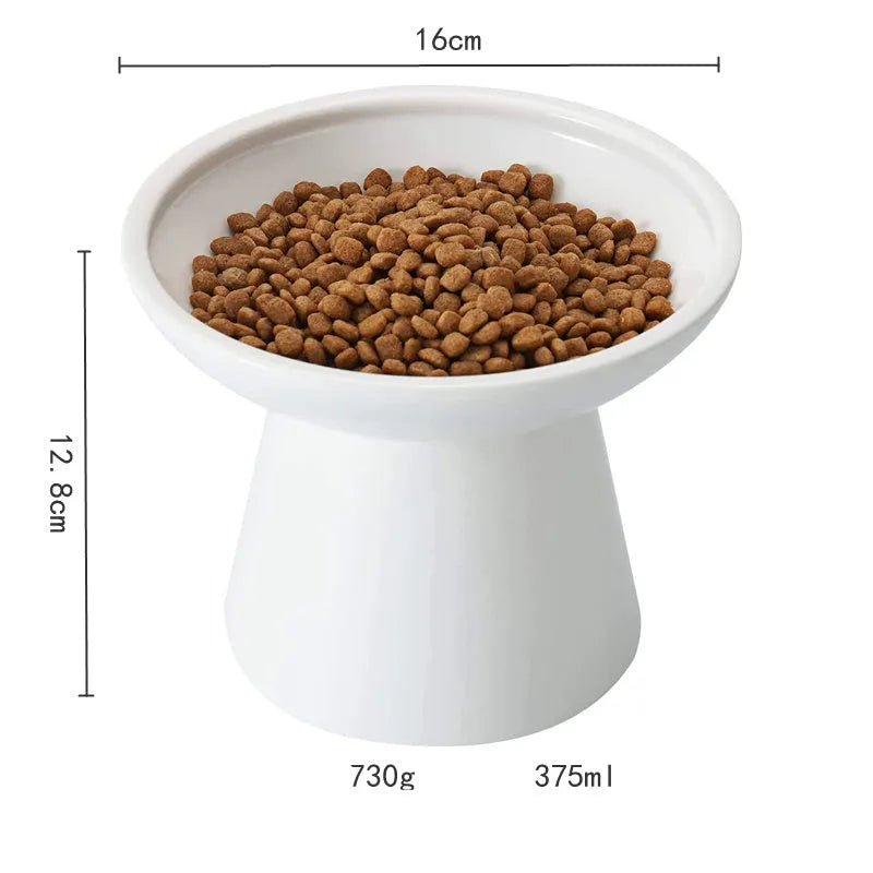 Ceramic elevated cat food bowl set in blue green pink or white colours with wide shallow design