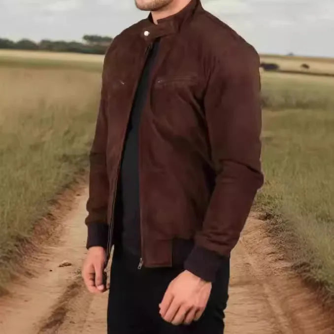 Vintage brown suede jacket for men with front zipper and size stick pockets, long sleeves, and straight hem.