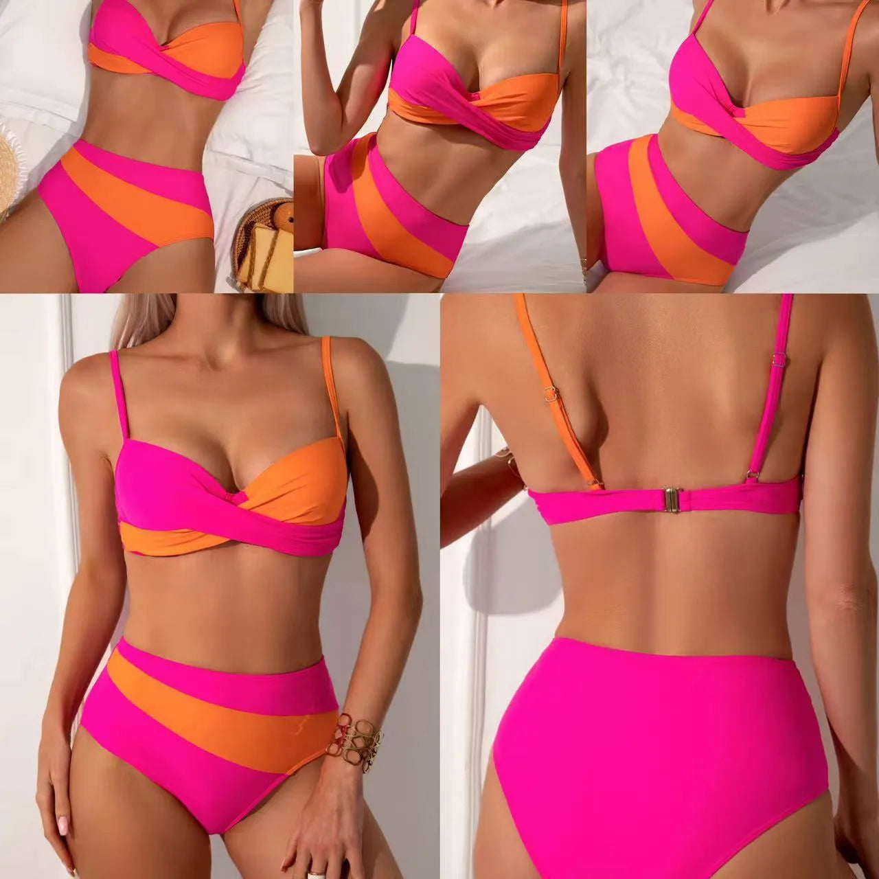 Orange women's split bikini set with steel bracket support on mannequin.