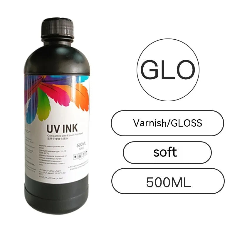 500ml bottle of UV ink for Epson XP600 and TX800 printers, showing colour options including black, cyan, and glow.