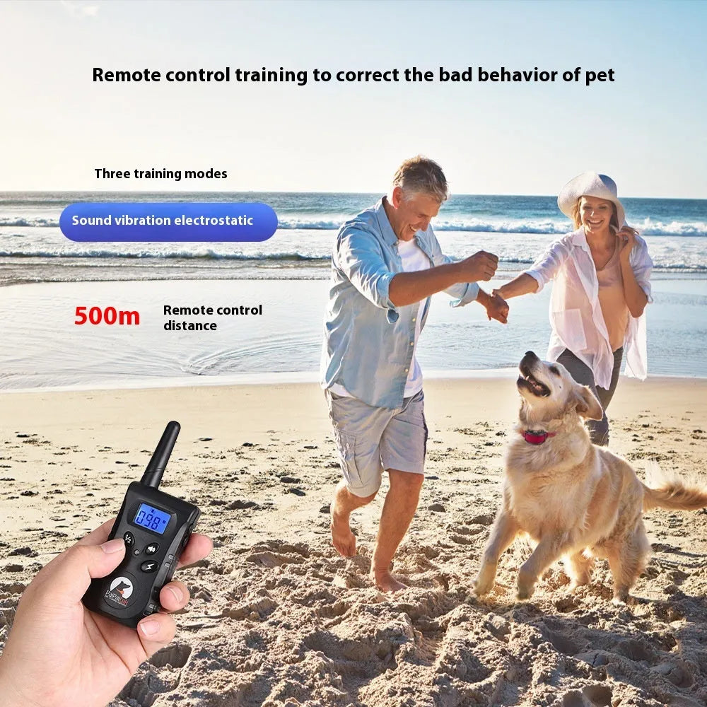 Red remote control dog trainer with bark arrester, nylon collar strap, and USB charging cable on white background
