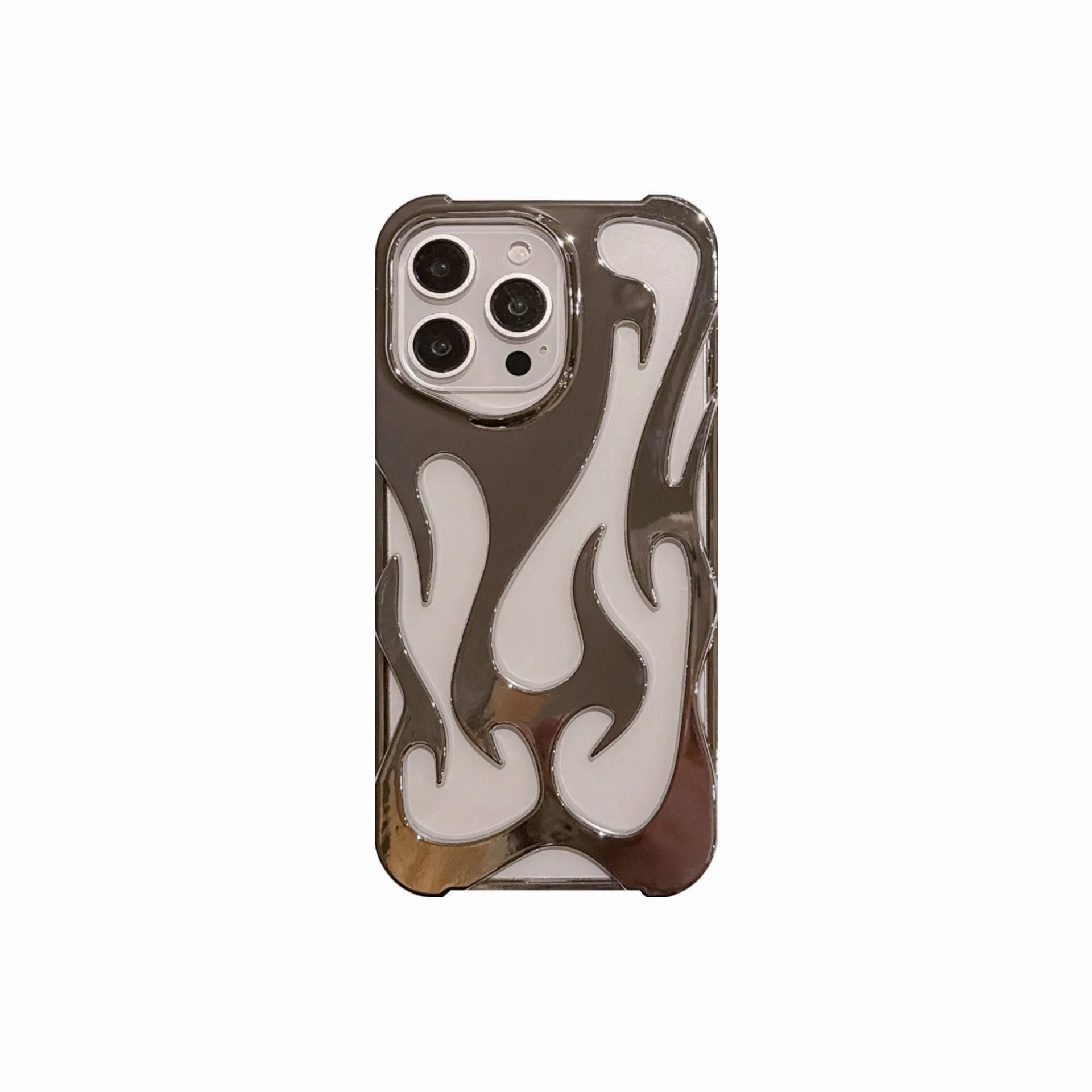 Electroplated hollow flame pattern soft TPU phone case for Apple iPhone, shown in silver on a dark background.