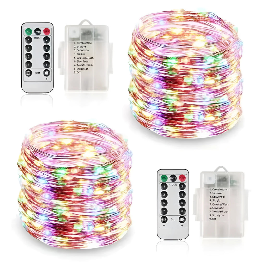 Close-up of flexible copper wire string light with 120 tiny LED bulbs, shaped in a spiral next to the battery control box.