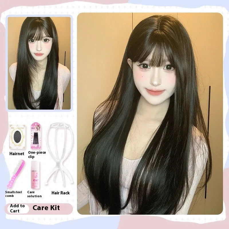 Dark brown long straight synthetic wig with bangs on a wig stand