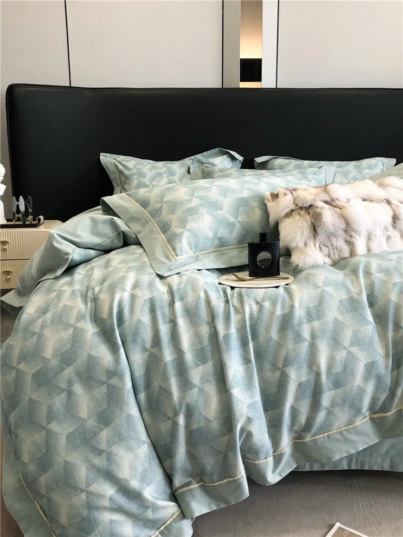 Long-staple cotton printed four-piece bedding set with sanded finish, geometric plant-flower pattern, flat bed sheet style for 1.5-2.0 M beds