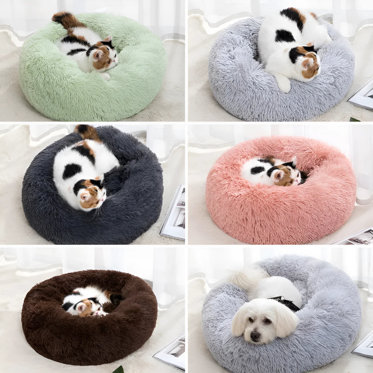 Round cloth cat bed in winter warm design, available in 30cm to 100cm diameters and six colours.