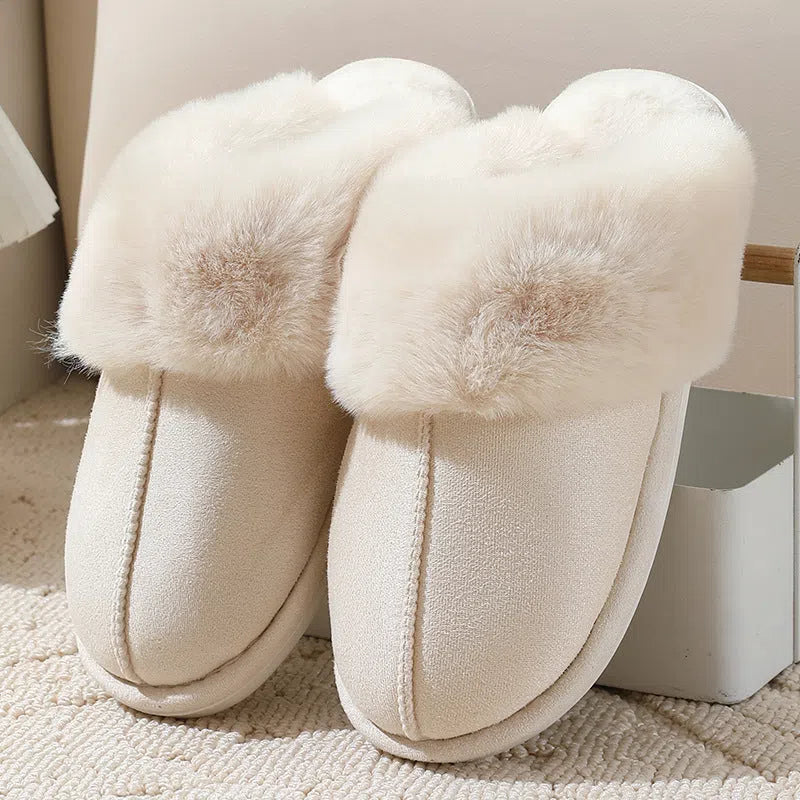 Large cotton slippers for women with cowhide upper, sheared sheepskin lining, non-slip outsole, closed toe, beige colour