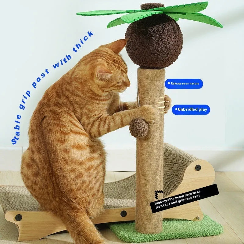 Wooden beach chair-shaped cat climbing frame with a scratch board and a light-coloured hemp mat.