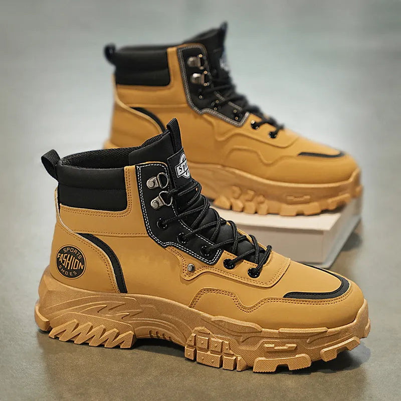 Men's black and yellow Martin boots with artificial PU upper and mid heel