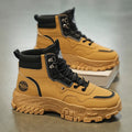 Men's black and yellow Martin boots with artificial PU upper and mid heel