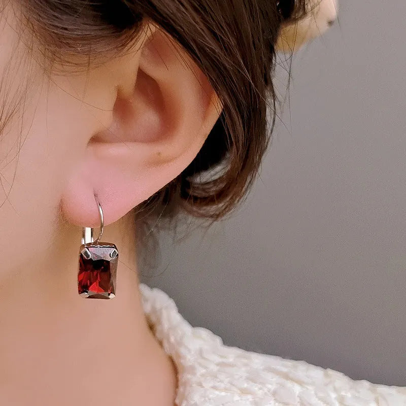 Women's square crystal drop earrings in copper, 25x10mm, red colour option