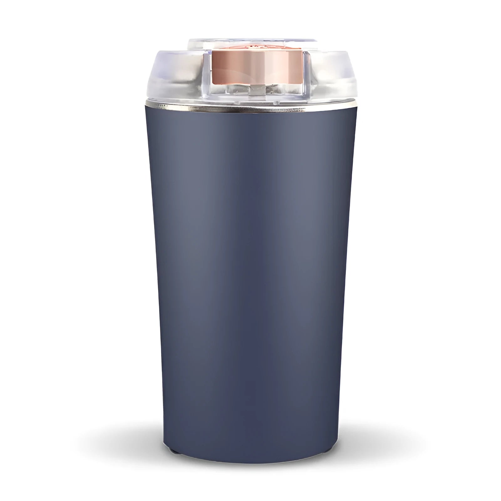 Blue mini flour mill and grain crusher with stainless steel blades on a kitchen countertop.