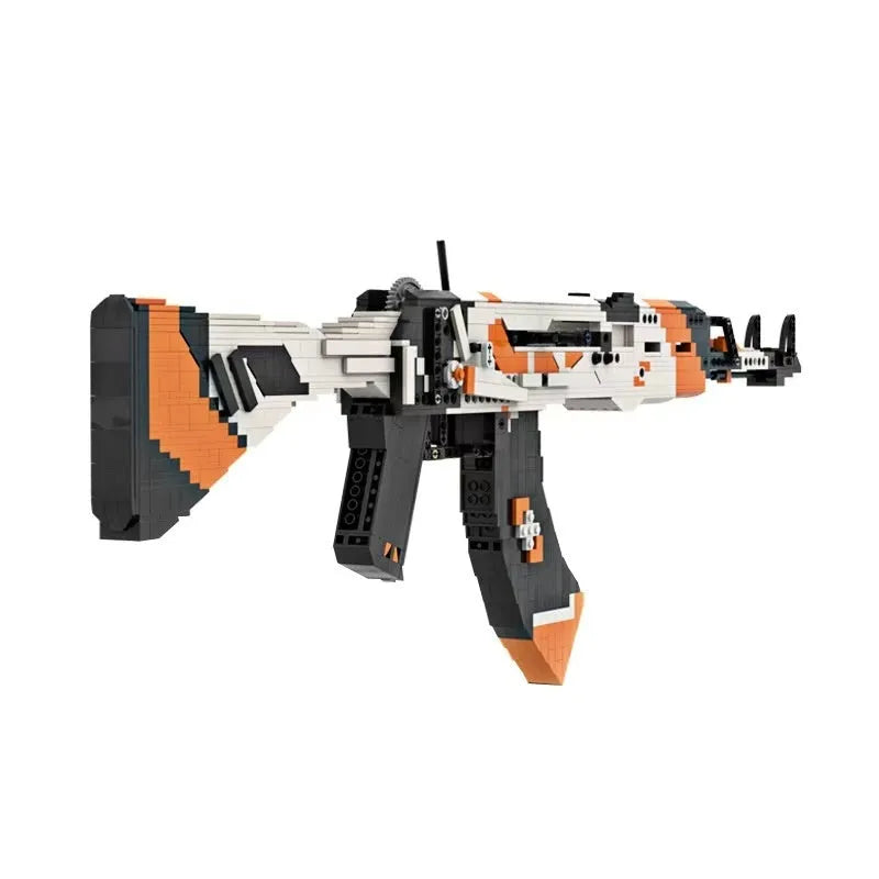 Black and white plastic weapon building block set in box packaging, assembled model shown