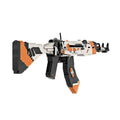 Black and white plastic weapon building block set in box packaging, assembled model shown