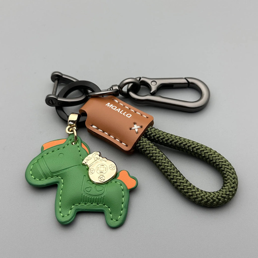Handmade cowhide car key ring pendant with zinc alloy pony belt buckle on a colourful flanelle rope.