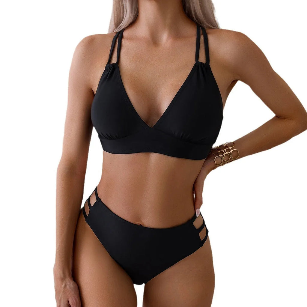 Women's halter bikini swimsuit with V-neck design and split shorts in six colour options