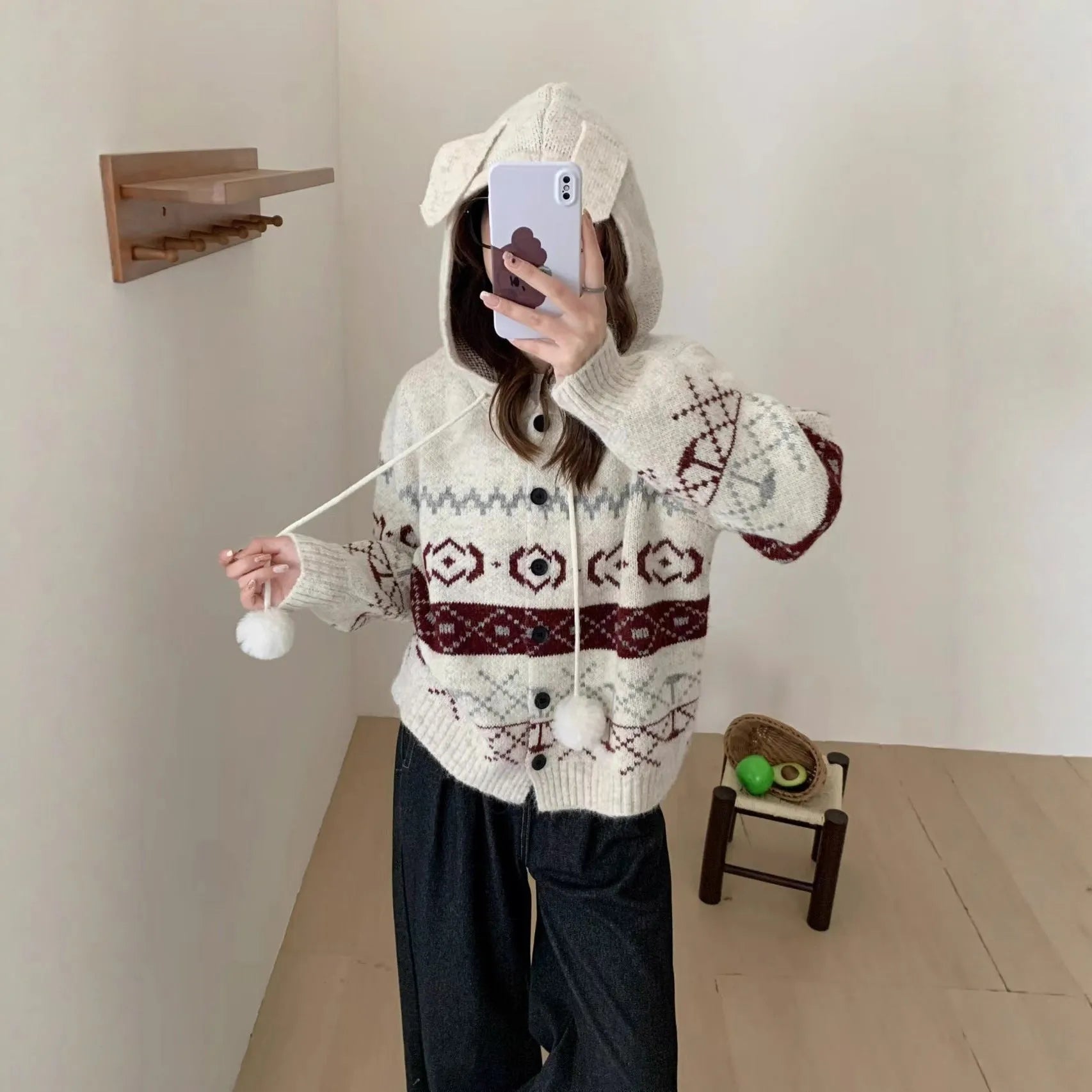 Geometric patterned acrylic brocade sweater coat in grey, loose fit with long sleeves.