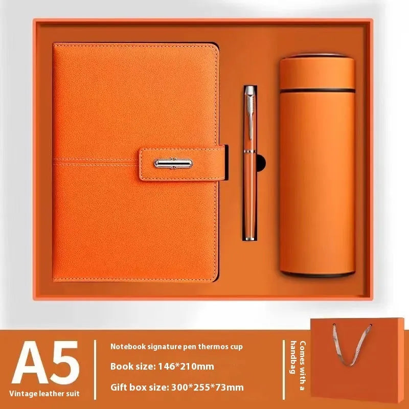 A5 notebook with a customisable PU leather cover shown in multiple colour options including black, red, green, and blue.