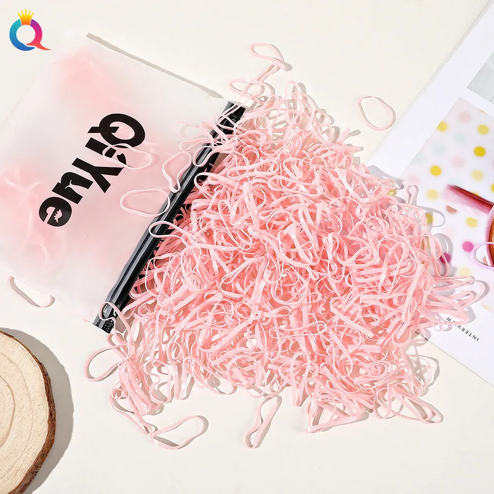 Children's hair rubber bands in various colours, cartoon Korean style, strong pull, disposable, 1000pcs or 500pcs pack.