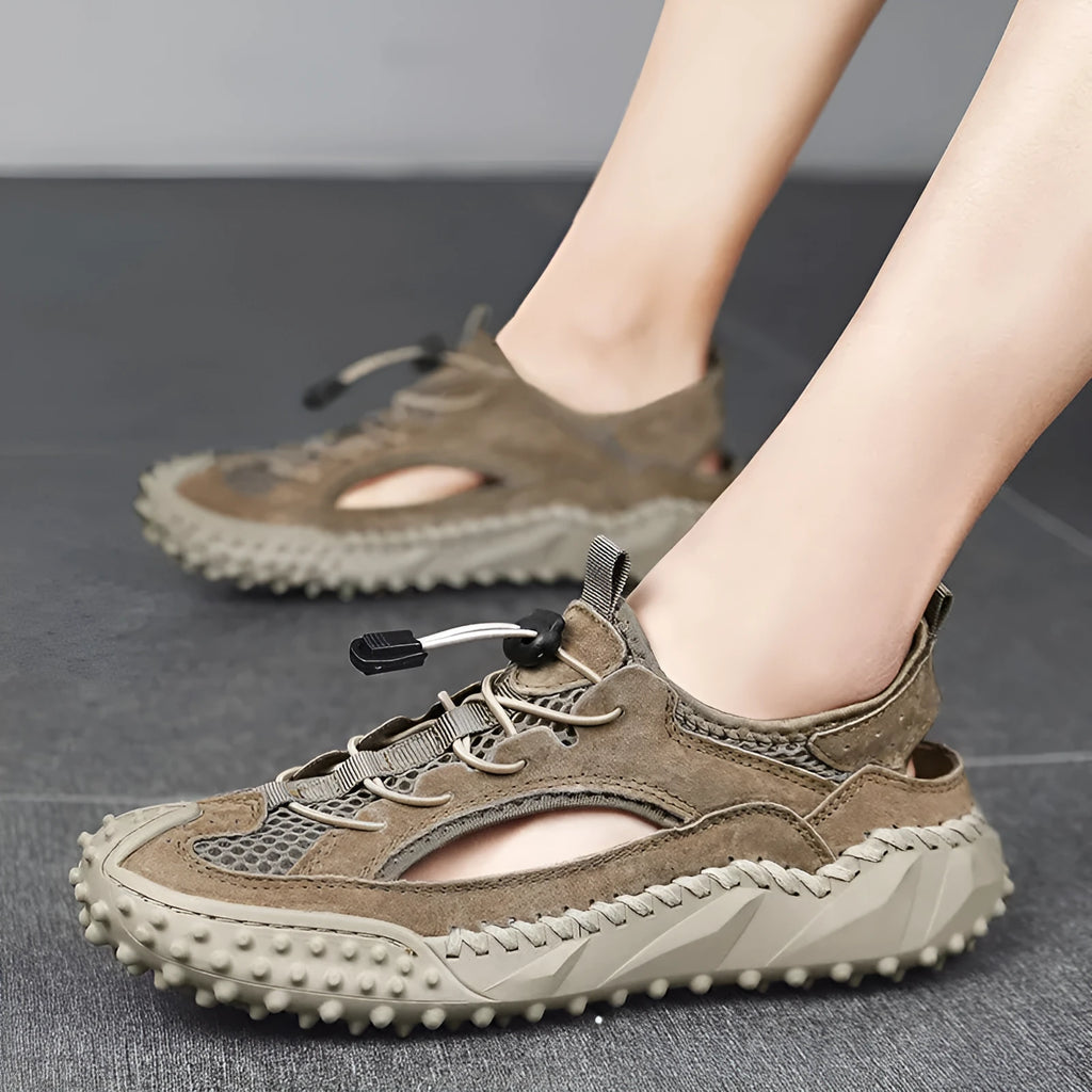 Men's black leather mesh waterproof sports sandals with a rubber sole and elastic band.