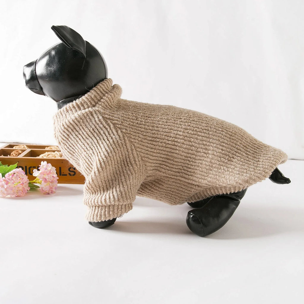 Brown cloth dog pullover sweater on a small white dog, showing casual style.