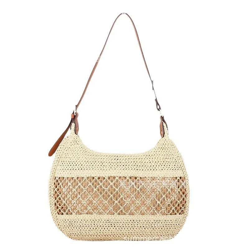 Women's khaki straw cross body bag with sandwich pocket showing horizontal square design