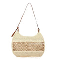 Women's khaki straw cross body bag with sandwich pocket showing horizontal square design