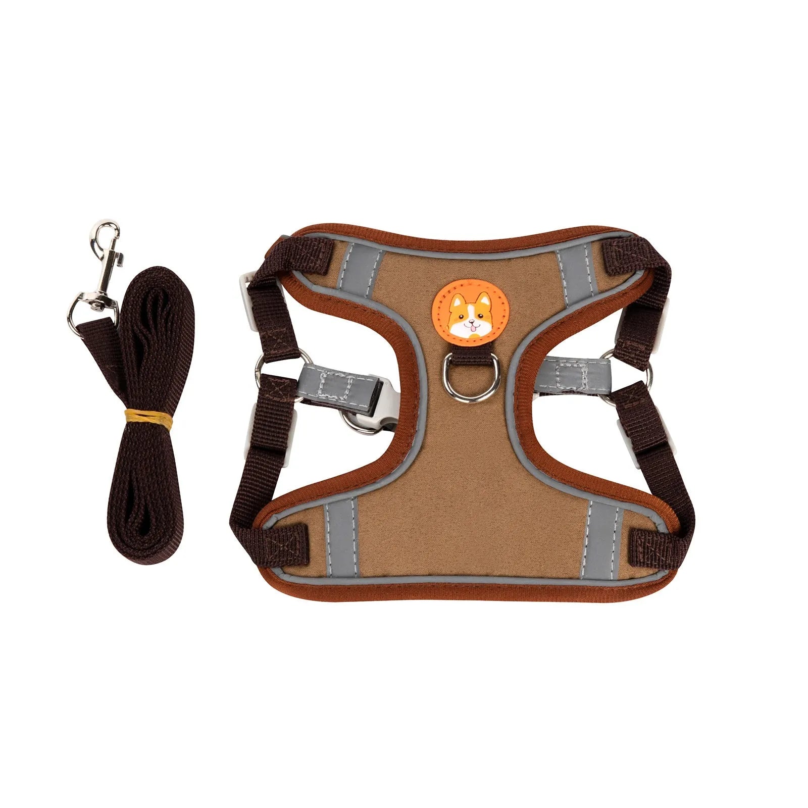 Purple adjustable dog vest harness with an attached haulage rope laid flat.