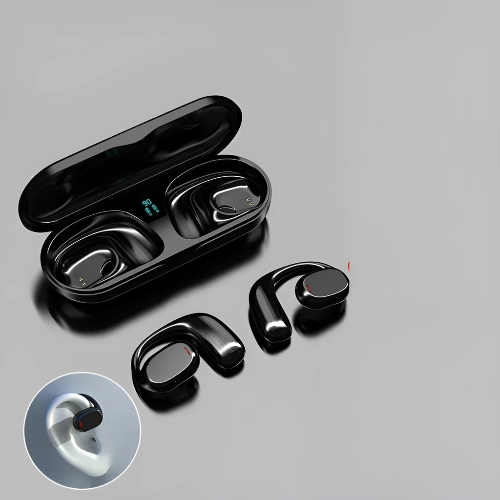 Black and white Bluetooth earplug headset with charging case showing bilateral stereo design