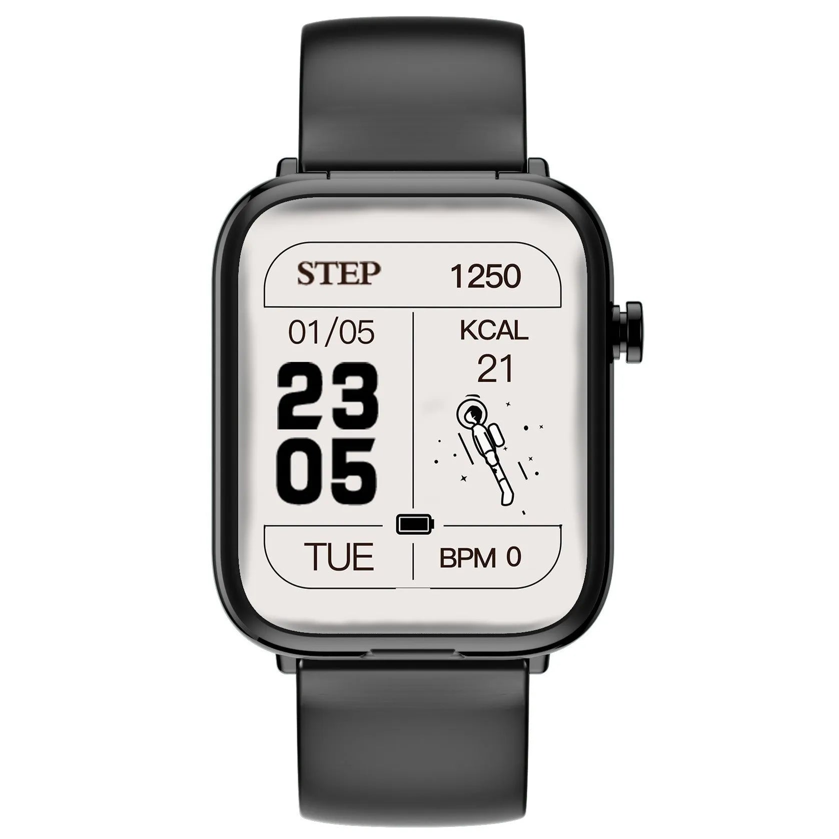Black smartwatch with 1.69-inch screen and matching wireless Bluetooth earpieces in charging case.