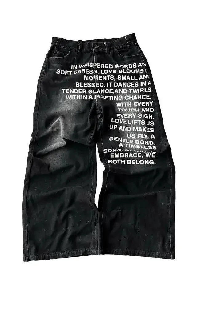 Men's black and blue cotton casual trousers with wide-leg straight cut and elasticated waistband