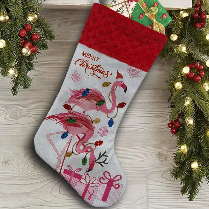 Large flamingo-patterned red Christmas stocking hanging decoration measuring 46 by 28 centimetres