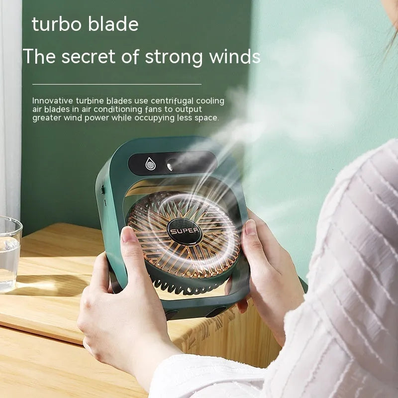 Green and white USB portable desk misting fan with humidifier function and adjustable wind direction