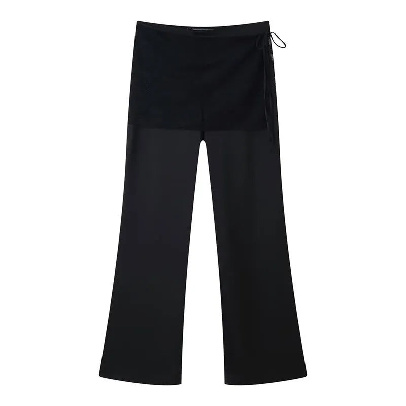 Women's black satin trousers with lace-up wrap front, loose straight-leg cut, nylon fabric