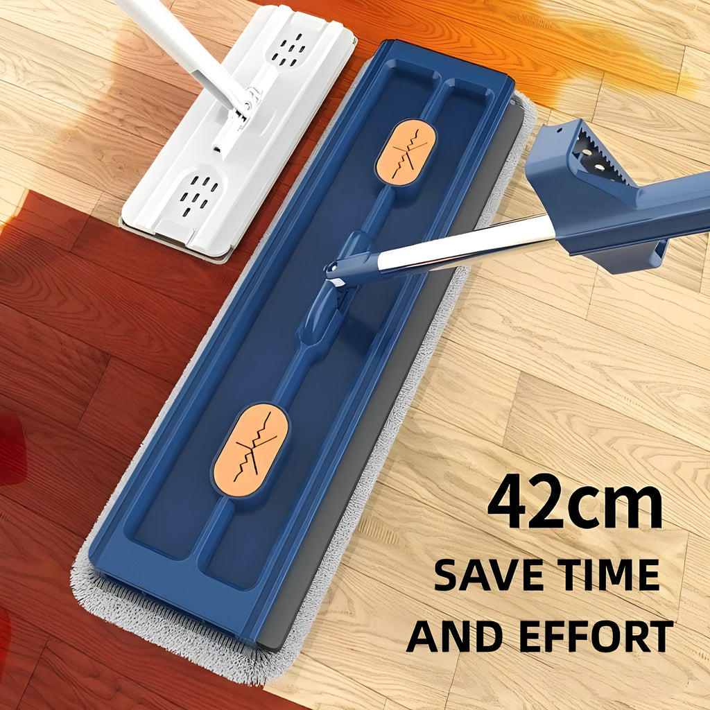 Large flat mop with blue cloths on stainless steel handle showing 360 degree rotating head mechanism