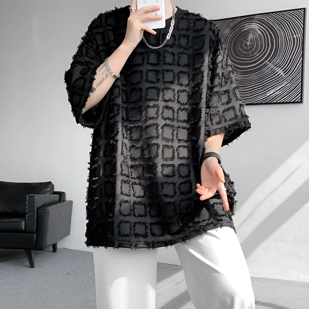 Men's black loose fit short sleeve T-shirt with jacquard texture, sizes M to 3XL