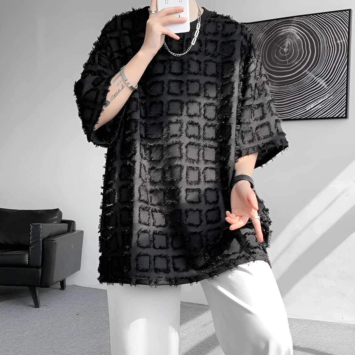 Men's black loose fit short sleeve T-shirt with jacquard texture, sizes M to 3XL