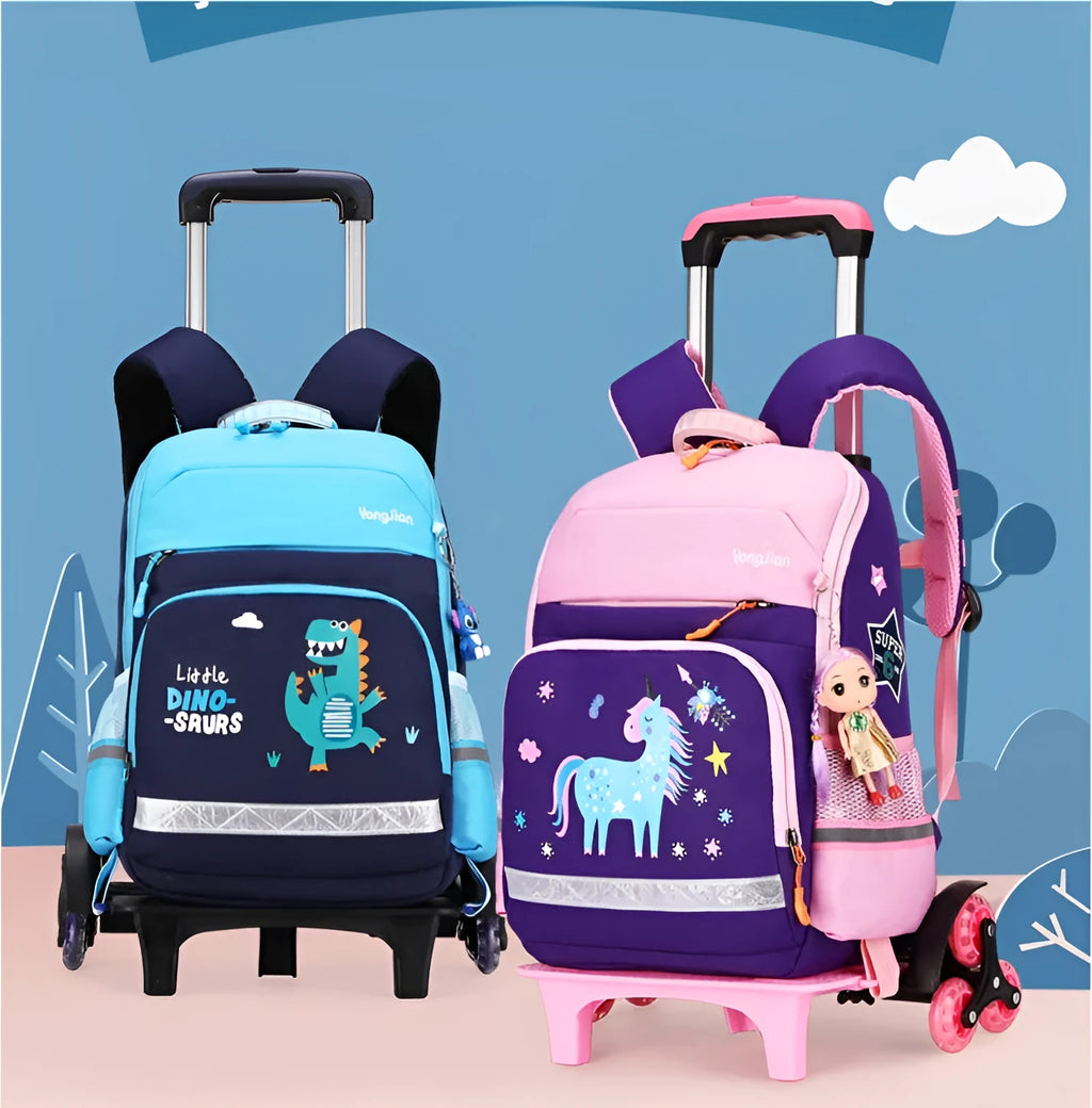 Korean-style detachable trolley school bag in Oxford cloth, shown in black and rose red colours