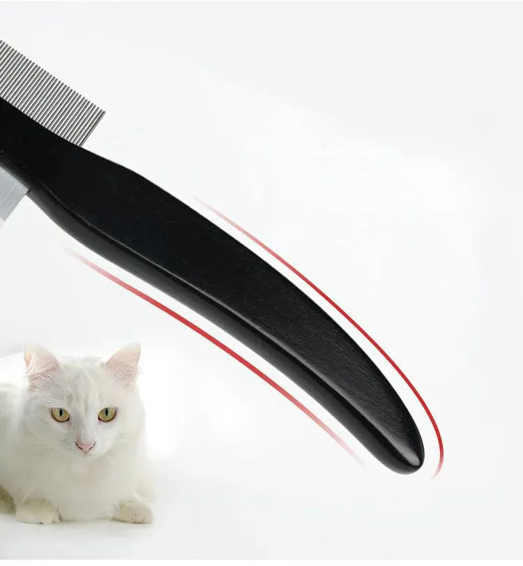 Double-sided pet grooming comb with stainless steel teeth and wood handle