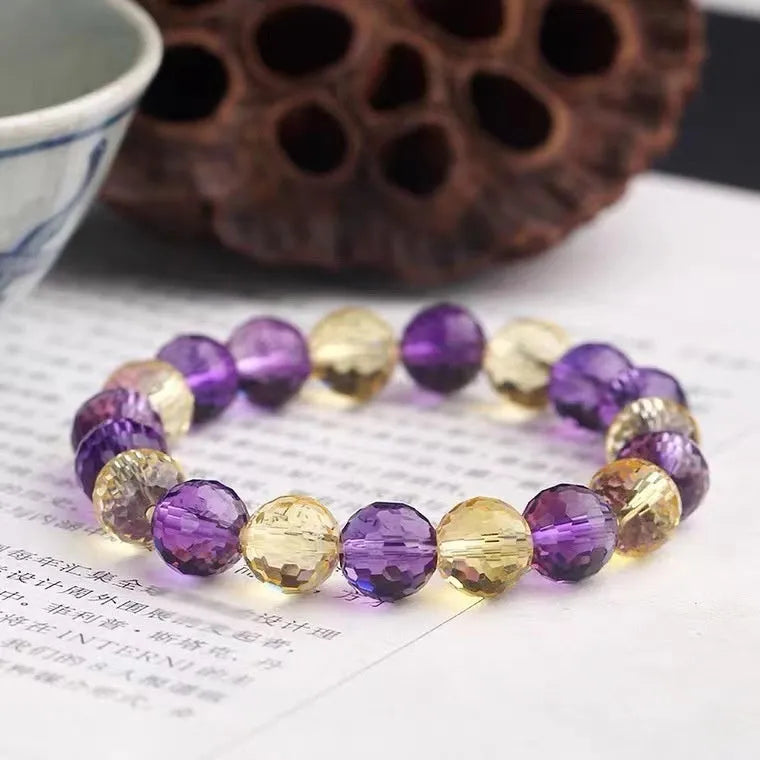 128-facet cut crystal bracelet in amethyst, ametrine, or citrine with selectable bead diameters