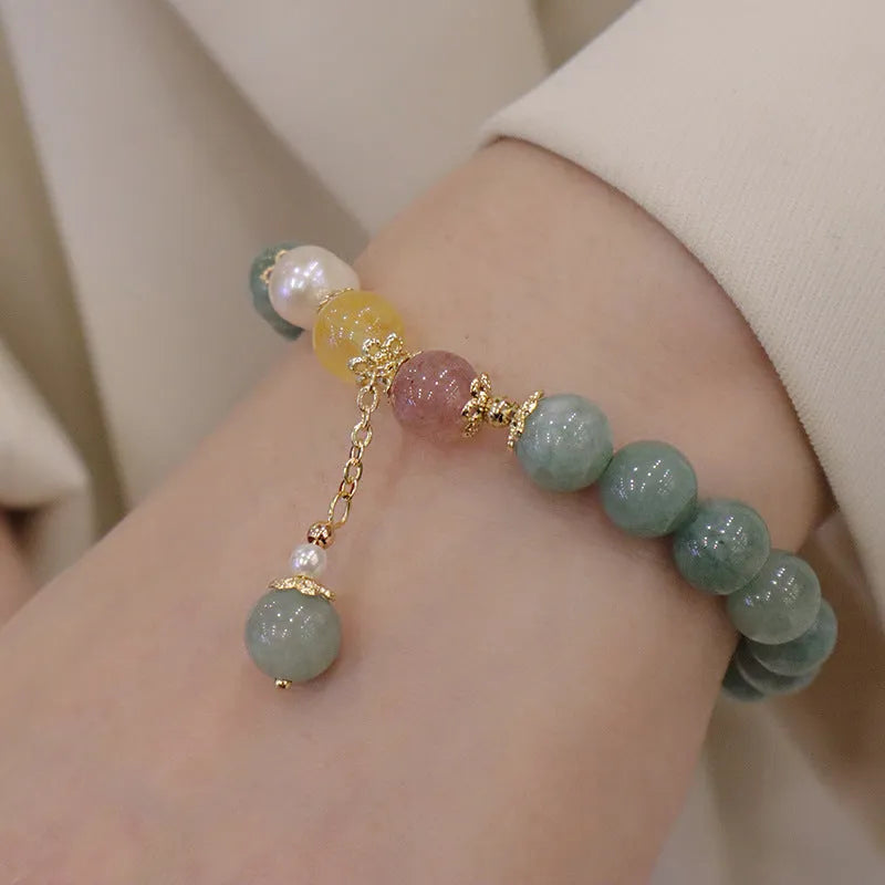 Myanmar jade beaded bracelet with geometric beads and pearl accents in Han style design