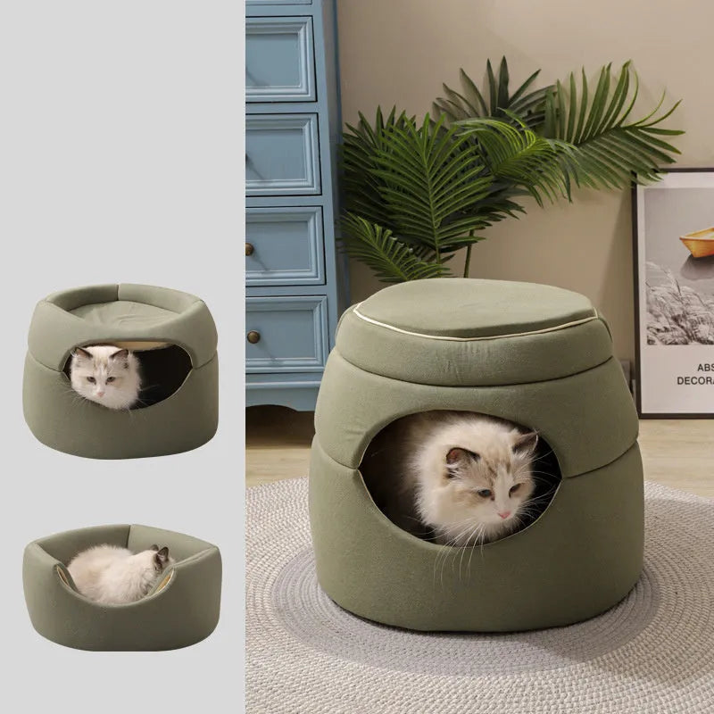 Tree hole warm kennel for small dogs and cats, grey fabric enclosed bed with entrance hole, 45x33x37 cm
