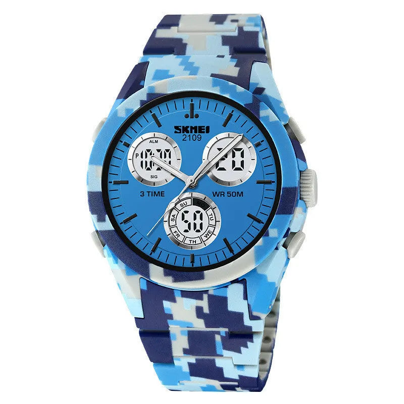 Unisex digital watch with camouflage strap, resin lens, and stainless steel button on a wrist.