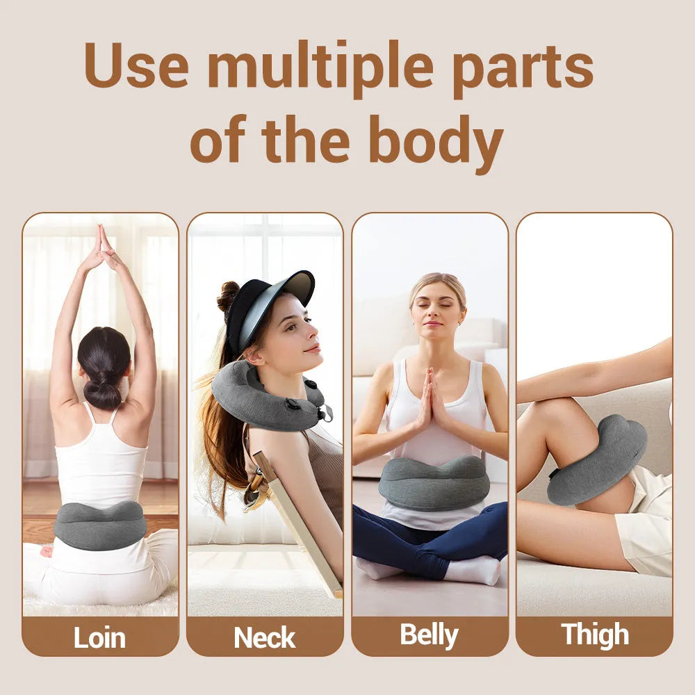 Gray inflatable U shape neck massager pillow with kneading 3 modes, deflated on a table with carry bag and USB cable