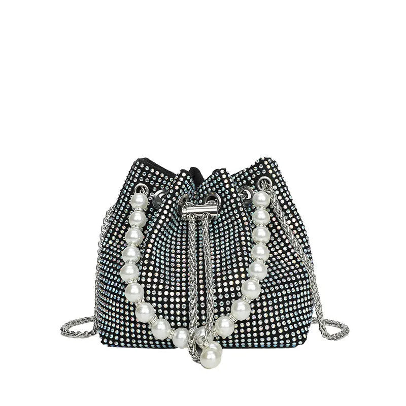 Light diamond pattern PU leather crossbody bucket bag with chain strap in multiple colours