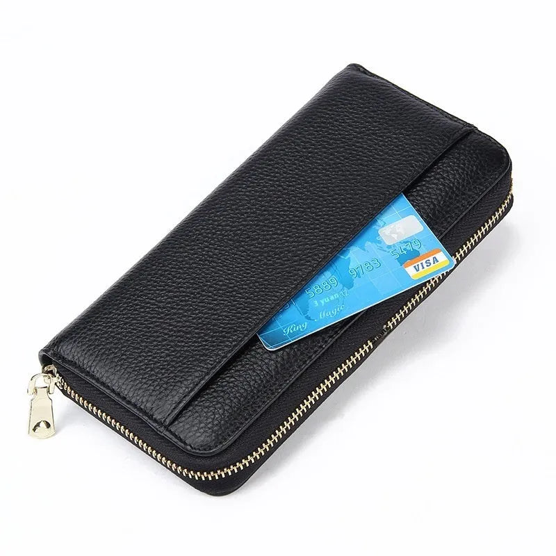 Genuine leather long wallet in black, showing large-capacity design and card slots.