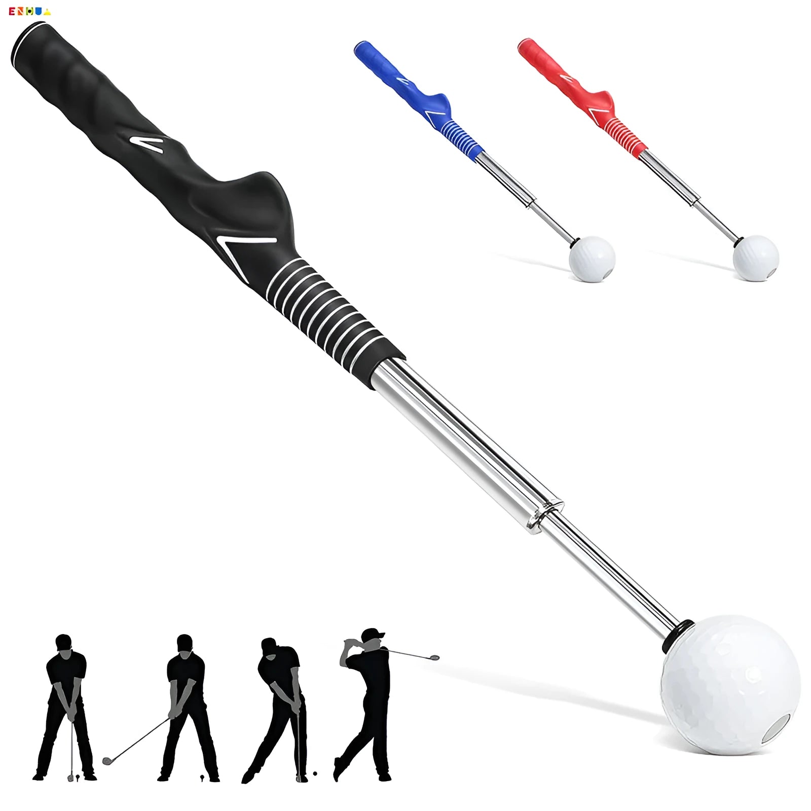 Telescopic stainless steel golf swing trainer in black, blue, and red colour options.