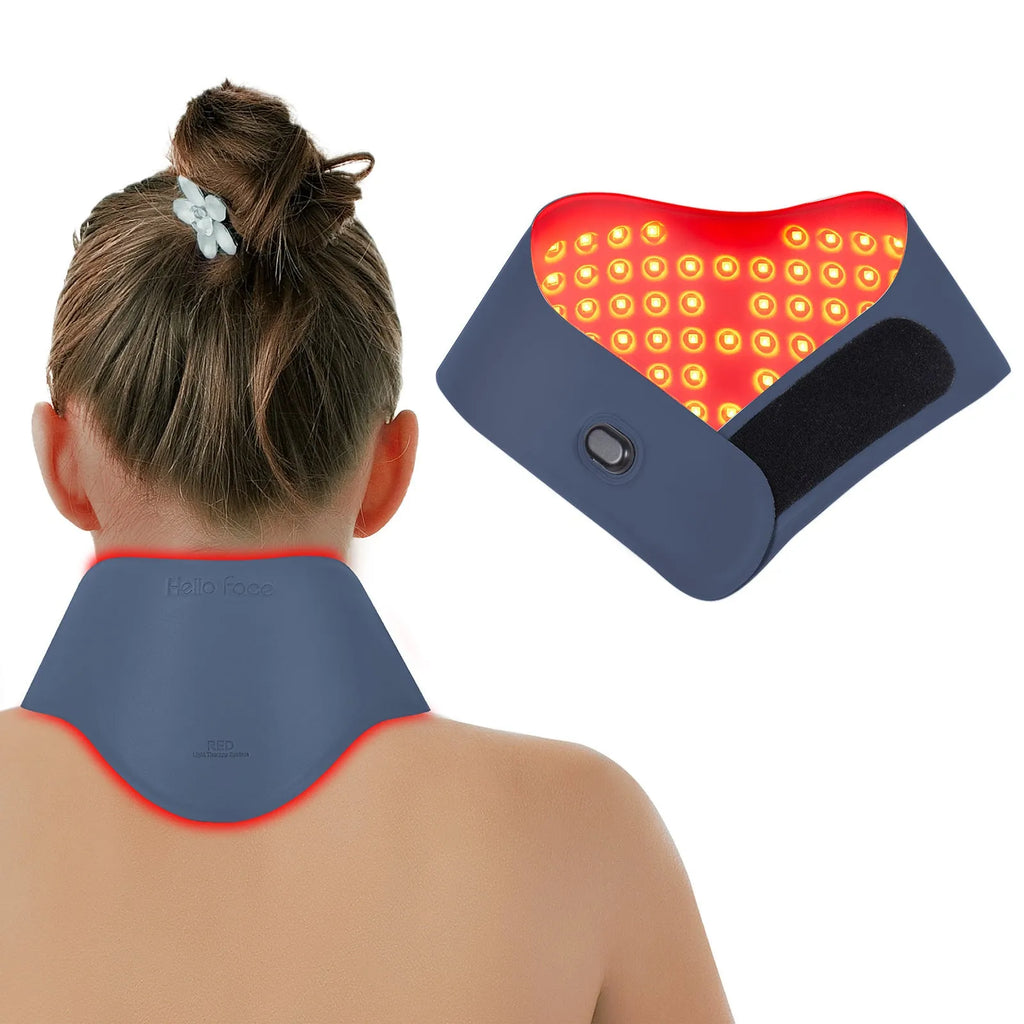 Dark sky blue neck massager mask with red lights and a separate wireless controller on a grey background.