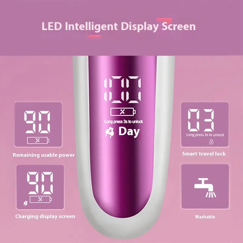 Pink three-in-one electric depilator with plucking head, shaver, foot grinder, and USB charging cable on white background